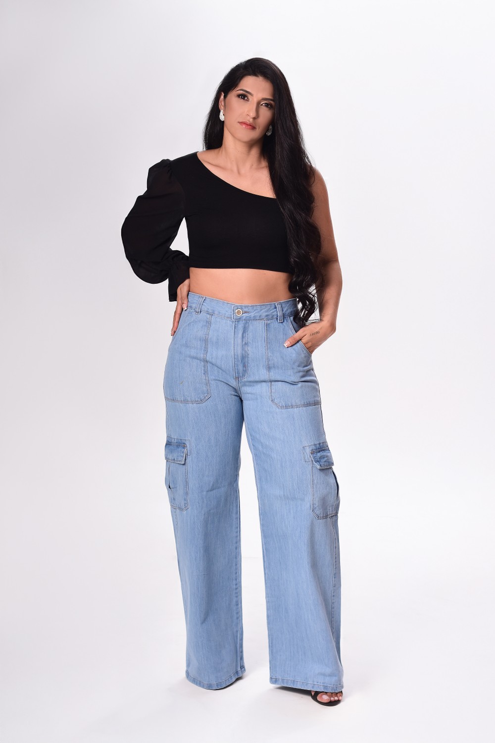 CALCA JEANS FEM WIDE LEG CARGO